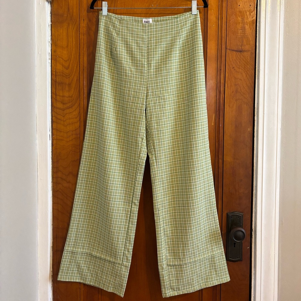 Green Plaid Wide-Leg Trousers